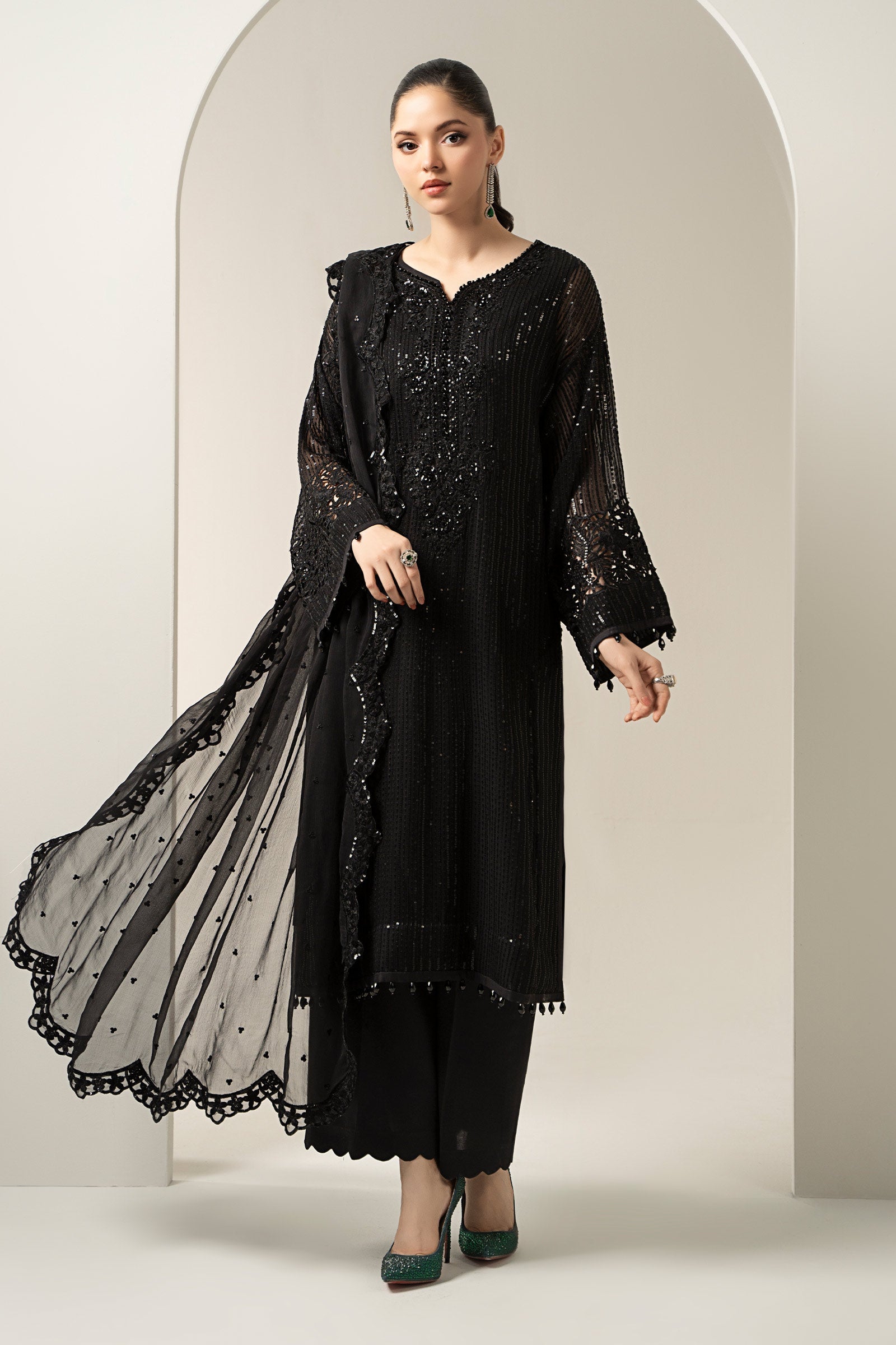 Maria B | Pre Fall Dresses | 3 Piece Embroidered Chiffon Suit Black - by Libasekhas UK - Registered Vendor of : Maria B - 100% Original Designer Dress