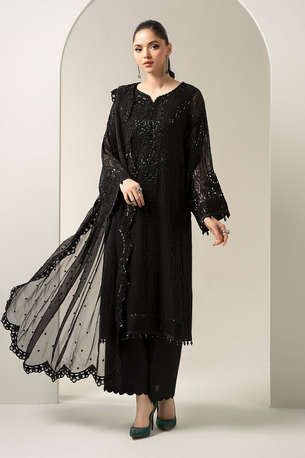Maria B | Pre Fall Dresses | 3 Piece Embroidered Chiffon Suit Black - by Libasekhas UK - Registered Vendor of : Maria B - 100% Original Designer Dress