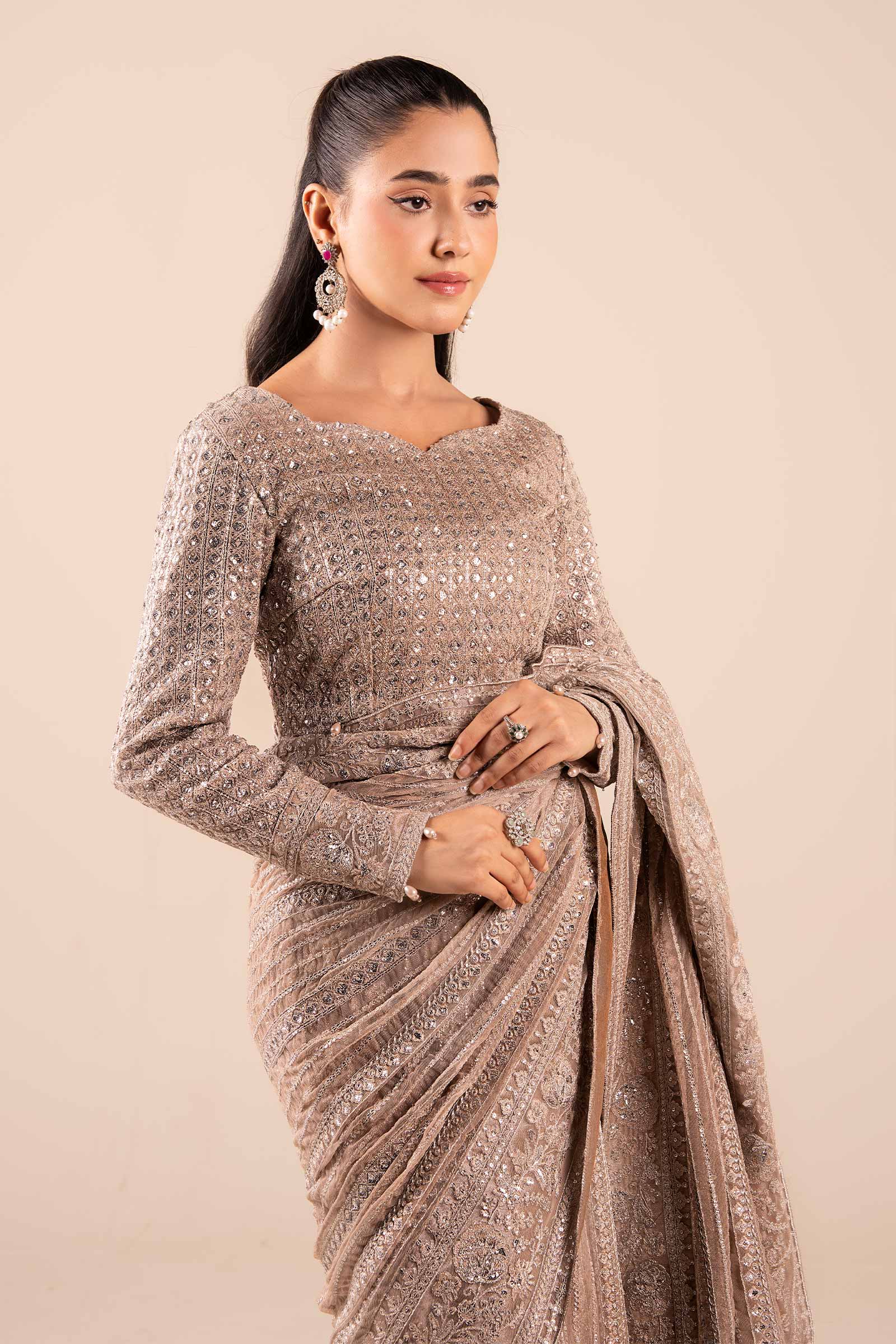 Maria B | Pre Fall Dresses | Embroidered Net Saree Light Skin - by Libasekhas UK - Registered Vendor of : Maria B - 100% Original Designer Dress