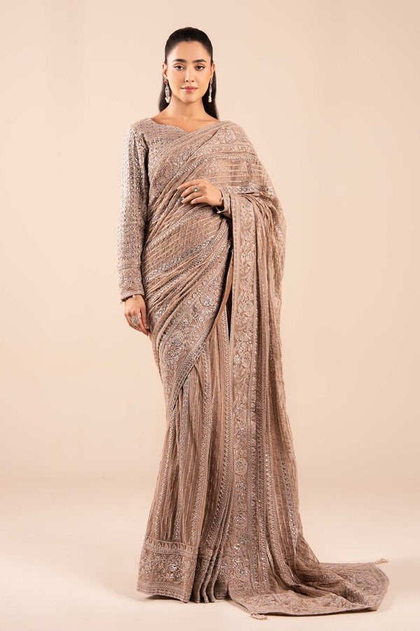 Maria B | Pre Fall Dresses | Embroidered Net Saree Light Skin - by Libasekhas UK - Registered Vendor of : Maria B - 100% Original Designer Dress