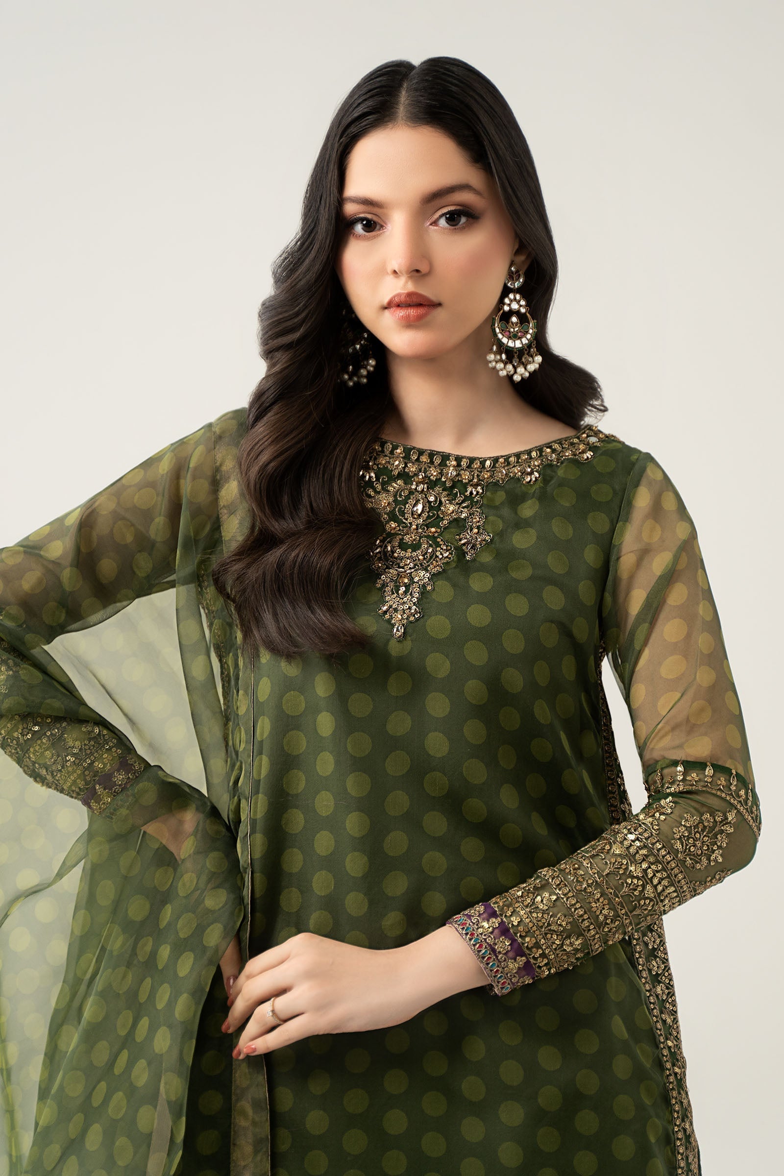 Maria B | Pre Fall Dresses | 3 Piece Embroidered Suit Deep Olive Green - by Libasekhas UK - Registered Vendor of : Maria B - 100% Original Designer Dress
