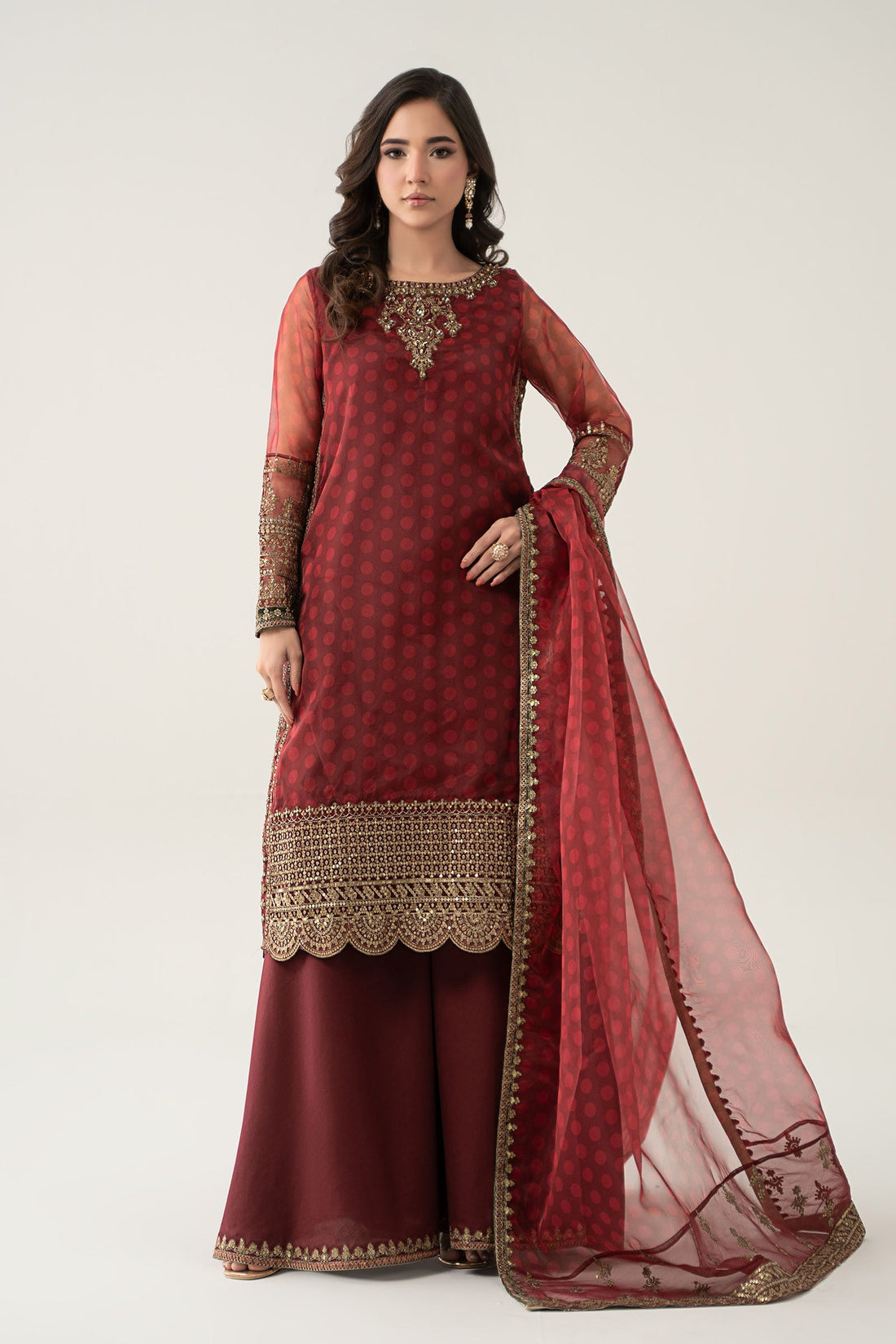 Maria B | Pre Fall Dresses | 3 Piece Embroidered Suit Marron - by Libasekhas UK - Registered Vendor of : Maria B - 100% Original Designer Dress