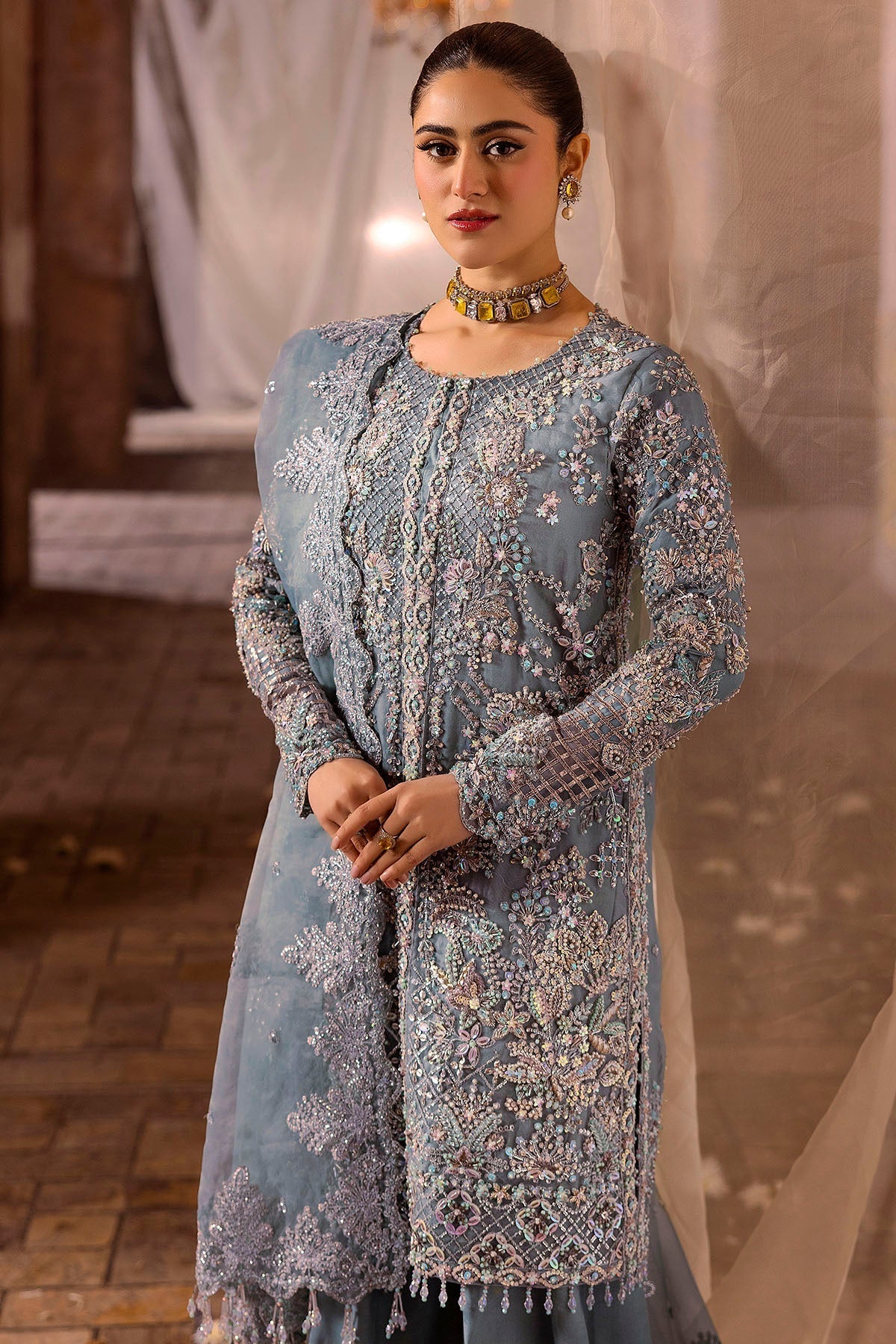 Motifz | Bridal Couture | 0014-FIROZEH EMBROIDERED ORGANZA STITCHED - by - Libasekhas UK - Registered Vendor of : Motifz - 100% Original Designer Dresss