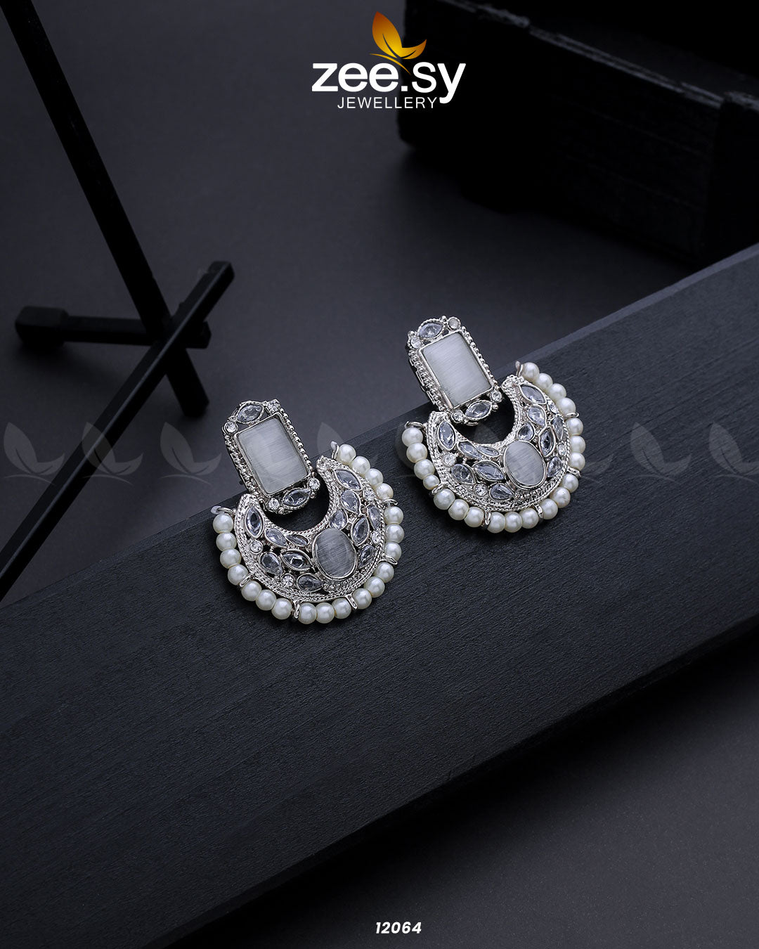 Silver Cluster Pearl Earring - by - Libasekhas UK - Registered Vendor of : Zeesy - 100% Original Designer Dresss