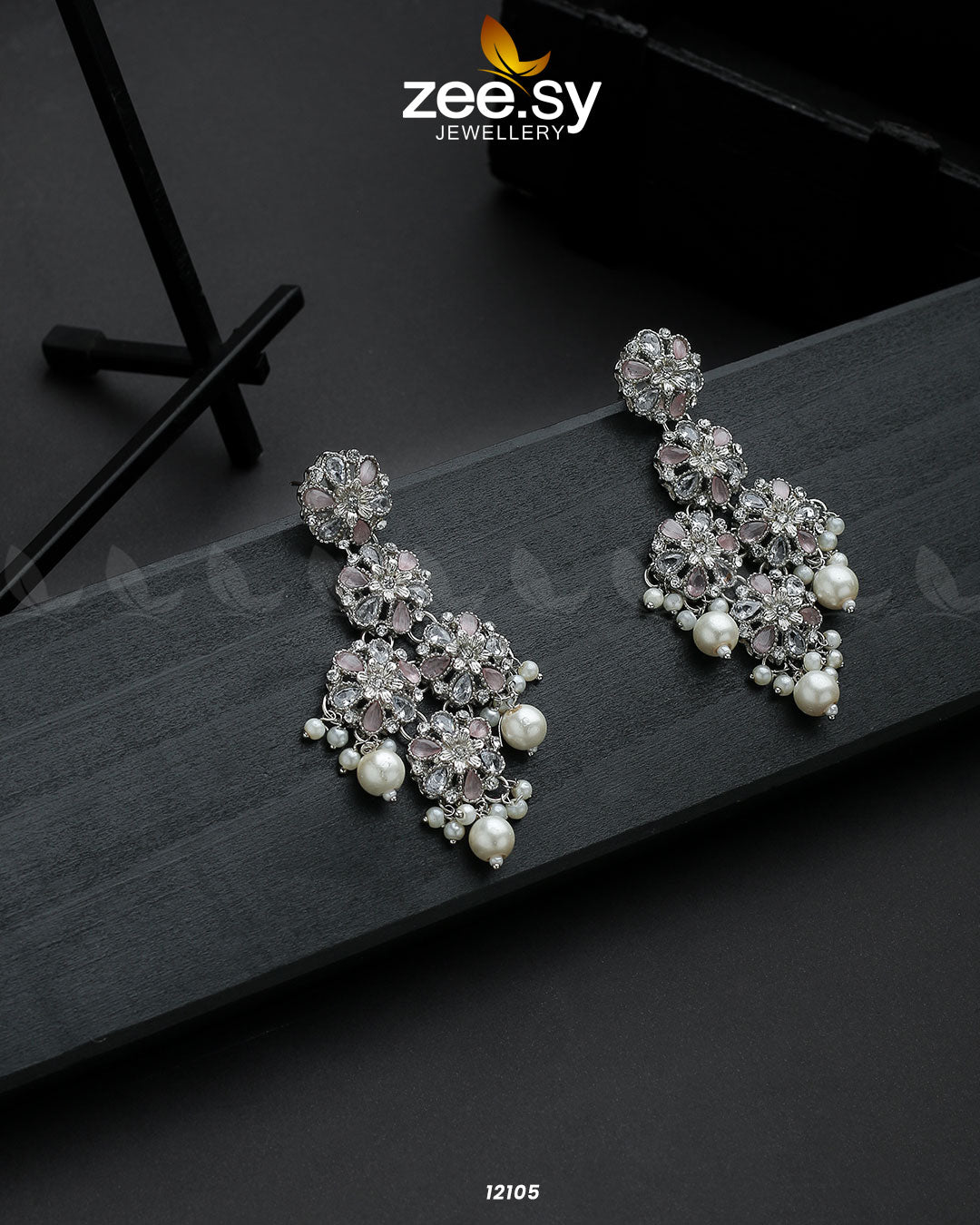 Silver Orchid Earrings - by - Libasekhas UK - Registered Vendor of : Zeesy - 100% Original Designer Dresss
