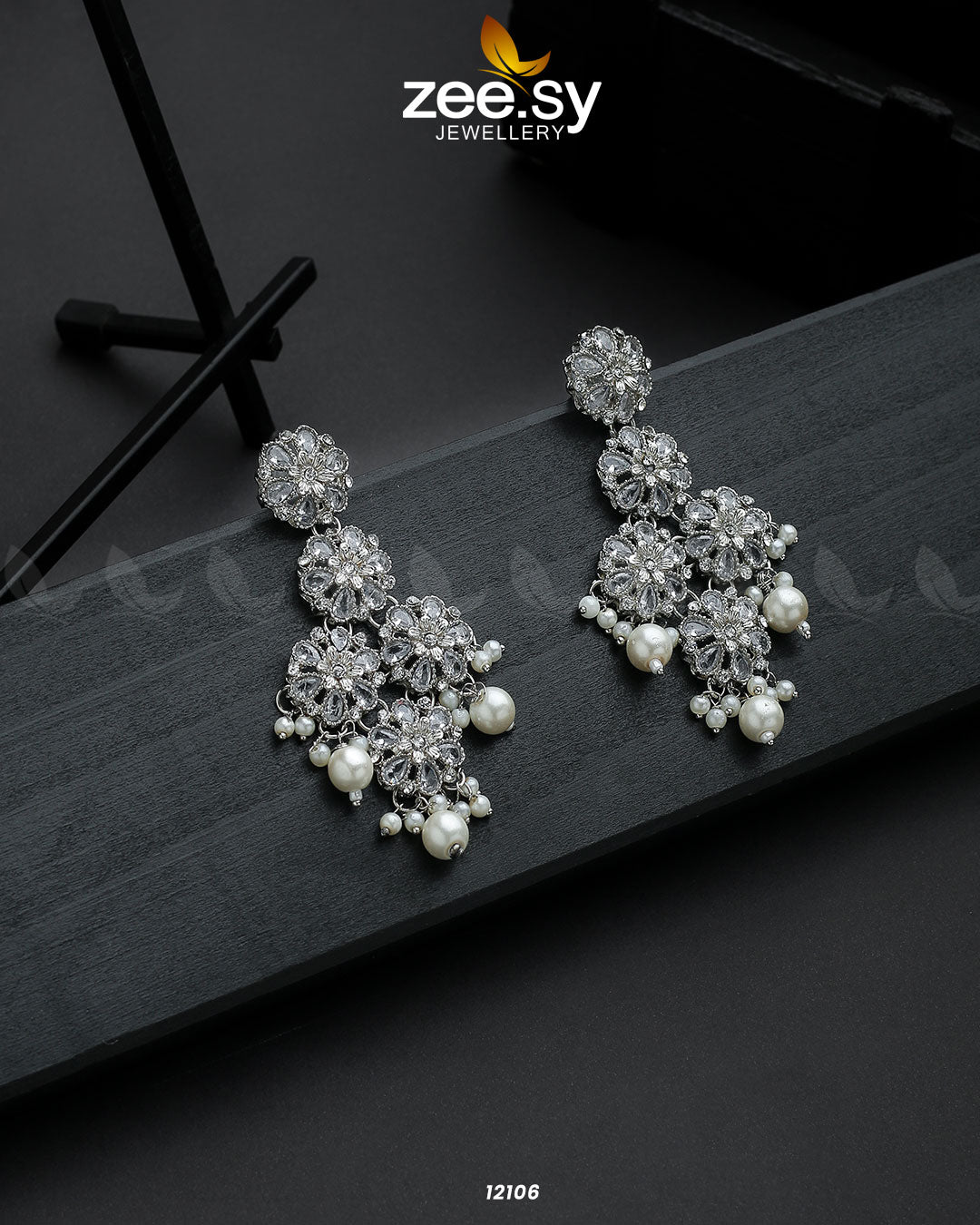 Silver Orchid Earrings - by - Libasekhas UK - Registered Vendor of : Zeesy - 100% Original Designer Dresss