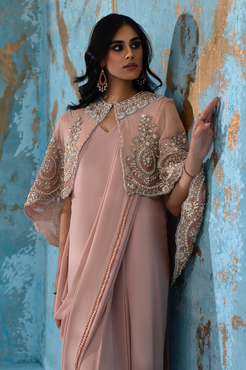 Wardha Saleem | Luxury Pret Fusion Wear | ROSALIE - FORMAL CAPE WITH DRAPE (2 PC) - by - Libasekhas UK - Registered Vendor of : Wardha Saleem - 100% Original Designer Dresss