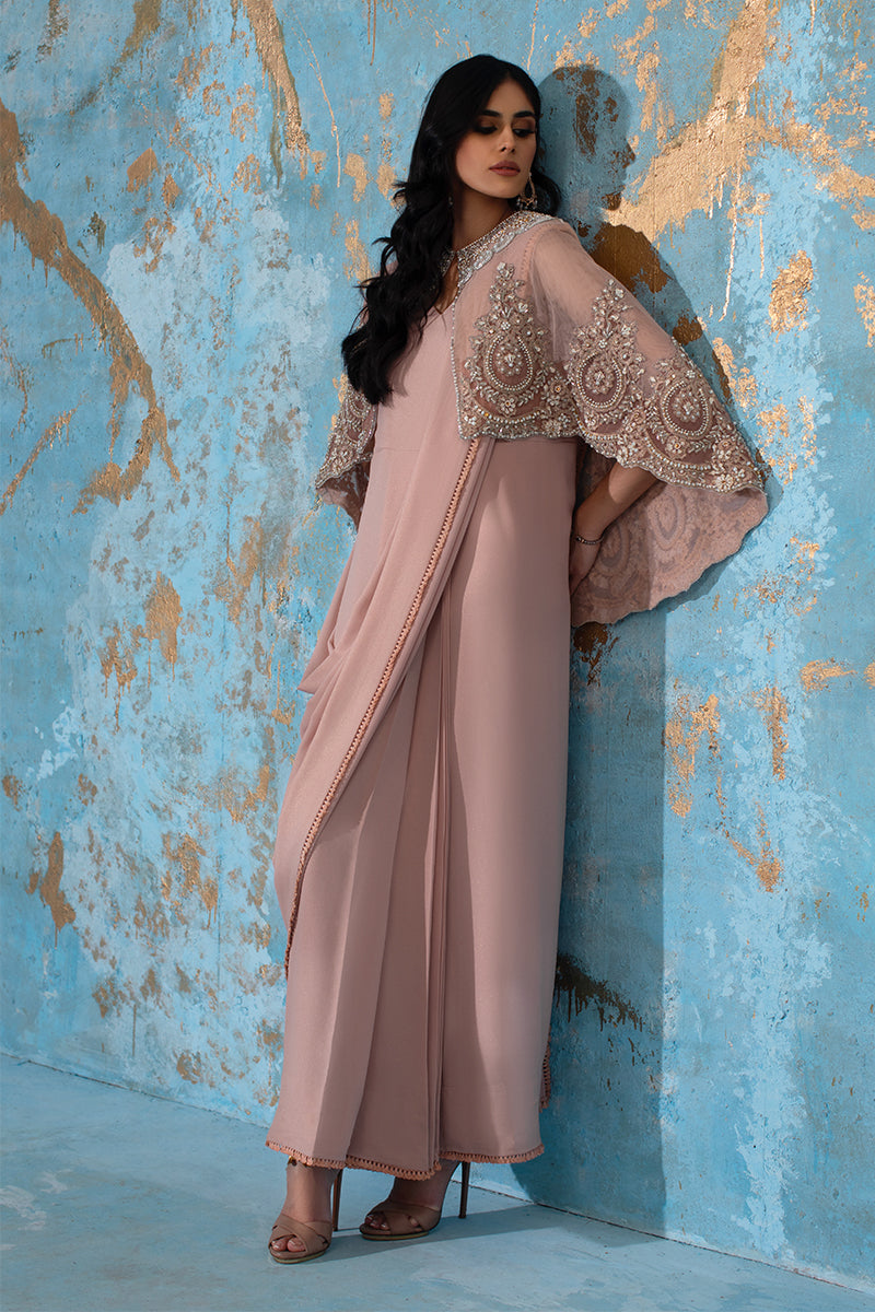 Wardha Saleem | Luxury Pret Fusion Wear | ROSALIE - FORMAL CAPE WITH DRAPE (2 PC) - by - Libasekhas UK - Registered Vendor of : Wardha Saleem - 100% Original Designer Dresss