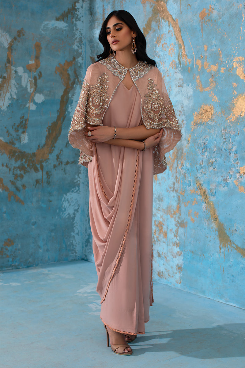 Wardha Saleem | Luxury Pret Fusion Wear | ROSALIE - FORMAL CAPE WITH DRAPE (2 PC) - by - Libasekhas UK - Registered Vendor of : Wardha Saleem - 100% Original Designer Dresss