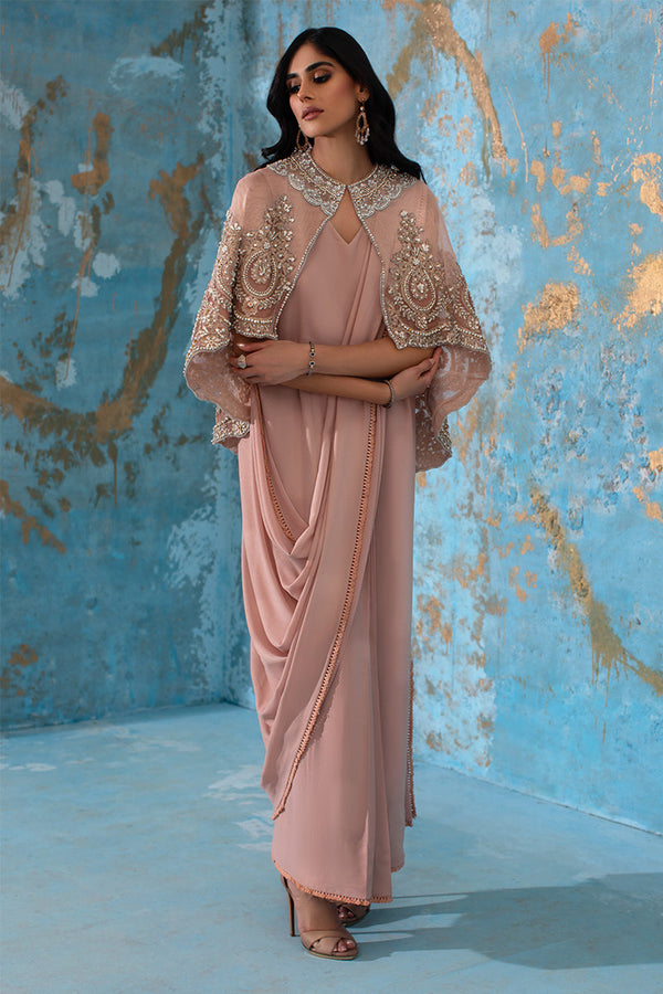 Wardha Saleem | Luxury Pret Fusion Wear | ROSALIE - FORMAL CAPE WITH DRAPE (2 PC) - by - Libasekhas UK - Registered Vendor of : Wardha Saleem - 100% Original Designer Dresss