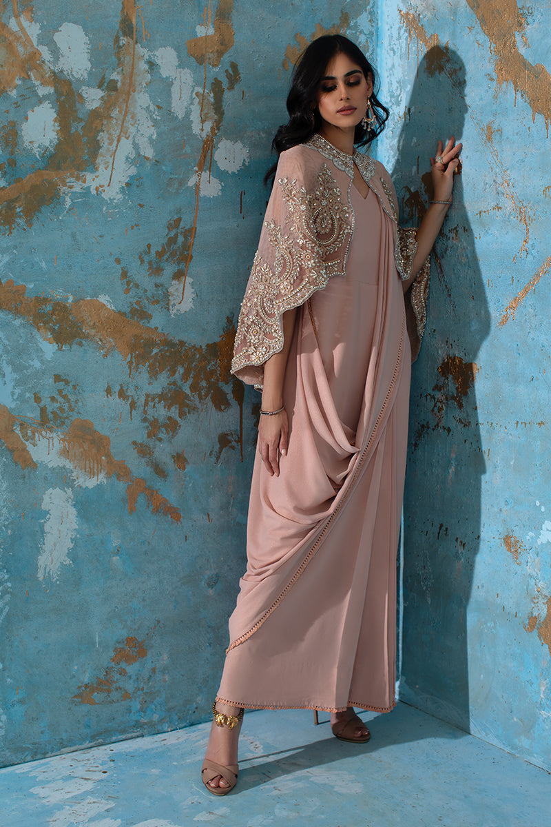 Wardha Saleem | Luxury Pret Fusion Wear | ROSALIE - FORMAL CAPE WITH DRAPE (2 PC) - by - Libasekhas UK - Registered Vendor of : Wardha Saleem - 100% Original Designer Dresss