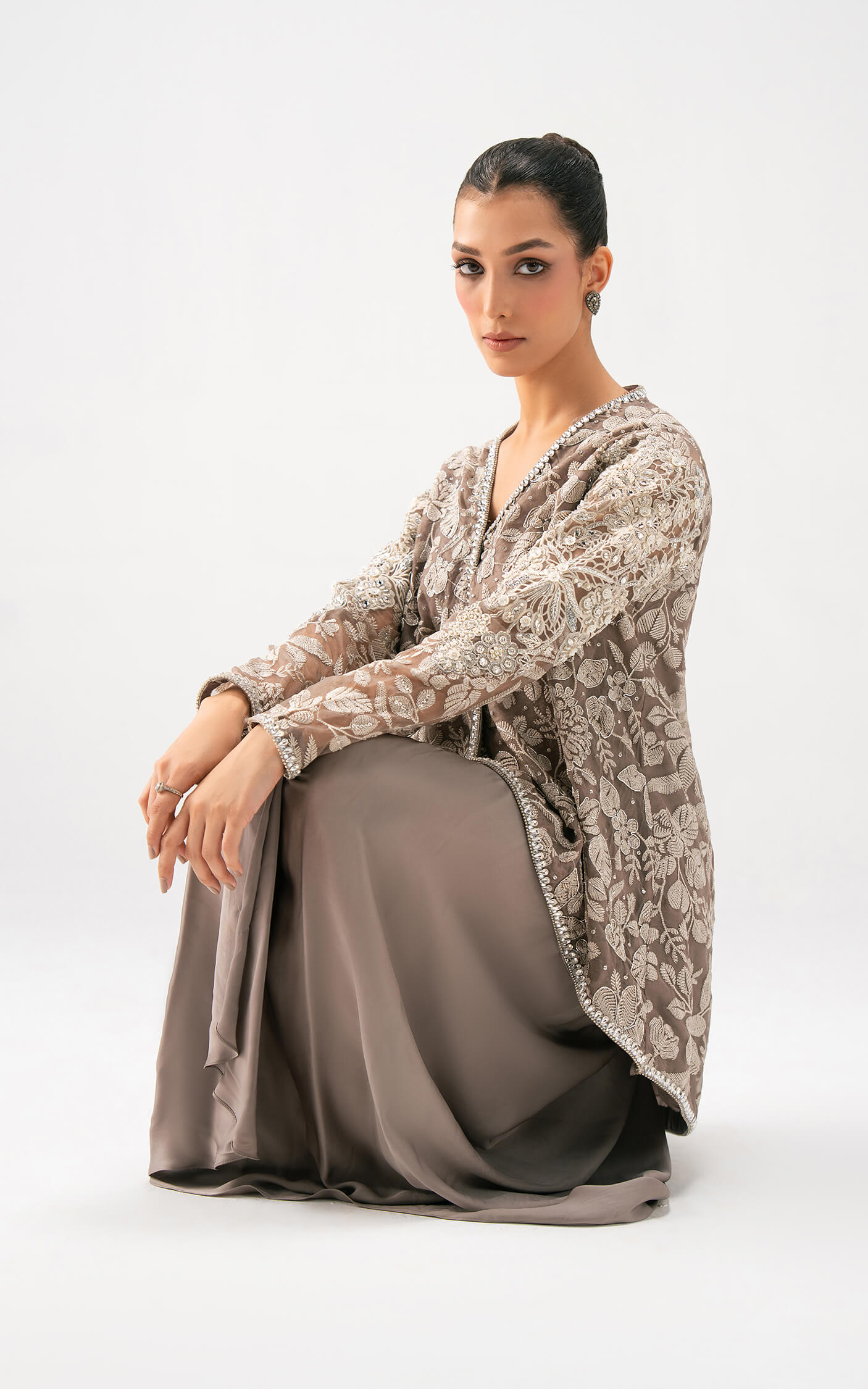Asifa and Nabeel | Lyle Luxury Formals 25 | Taupe Bloom Drape Set - by Libasekhas UK - Registered Vendor of : Asifa and Nabeel - 100% Original Designer Dress