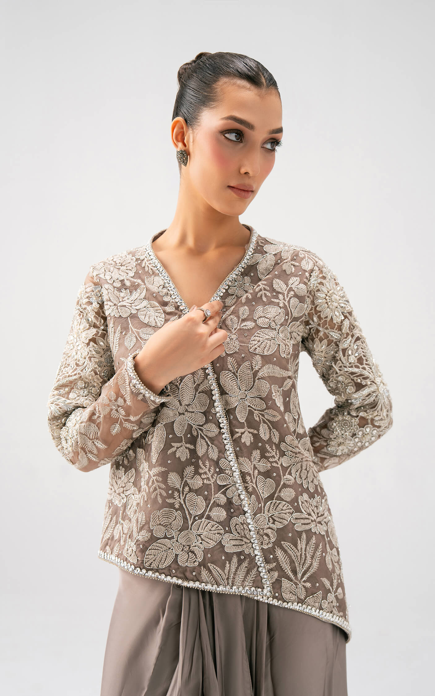 Asifa and Nabeel | Lyle Luxury Formals 25 | Taupe Bloom Drape Set - by Libasekhas UK - Registered Vendor of : Asifa and Nabeel - 100% Original Designer Dress
