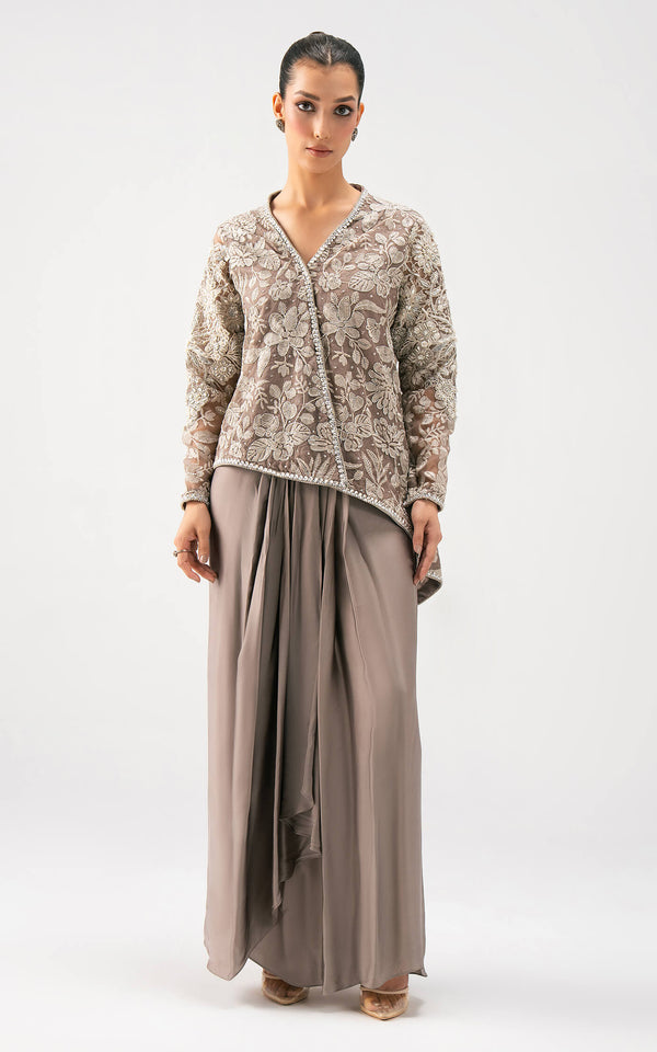 Asifa and Nabeel | Lyle Luxury Formals 25 | Taupe Bloom Drape Set - by Libasekhas UK - Registered Vendor of : Asifa and Nabeel - 100% Original Designer Dress