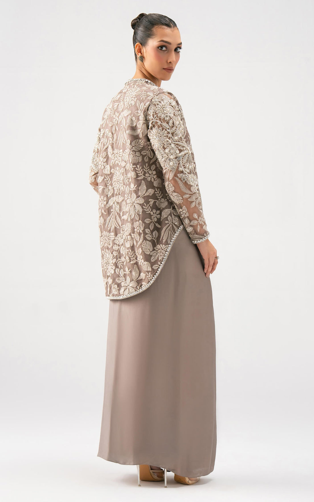 Asifa and Nabeel | Lyle Luxury Formals 25 | Taupe Bloom Drape Set - by Libasekhas UK - Registered Vendor of : Asifa and Nabeel - 100% Original Designer Dress