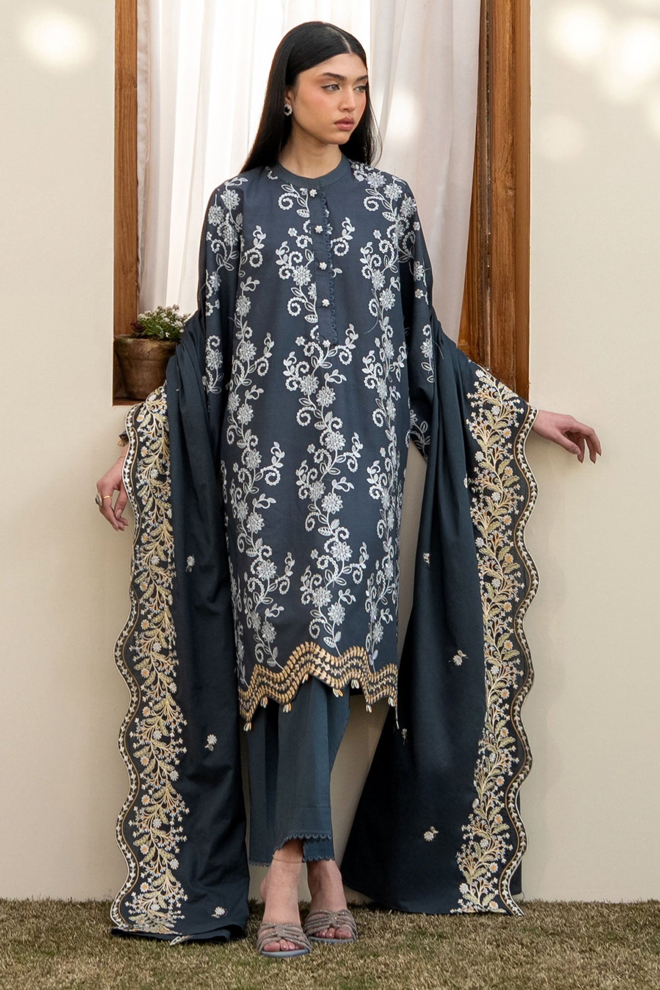 Cross Stitch | Emb Lawn Mahiri 26 | OMBRE BLUE - by Libasekhas UK - Registered Vendor of : Cross Stitch - 100% Original Designer Dress