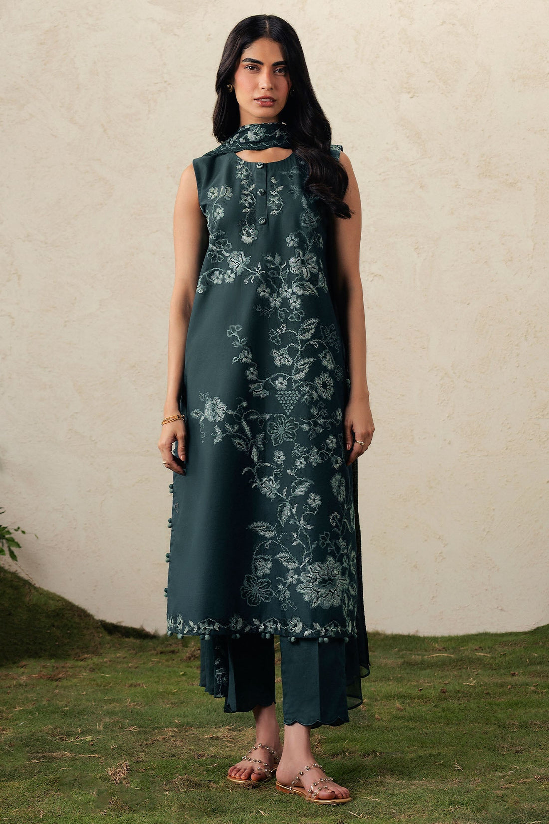 Cross Stitch | The Moonsoon Edit 26 | EMERALD TEAL-3PC EMBROIDERED SUIT - by Libasekhas UK - Registered Vendor of : Cross Stitch - 100% Original Designer Dress
