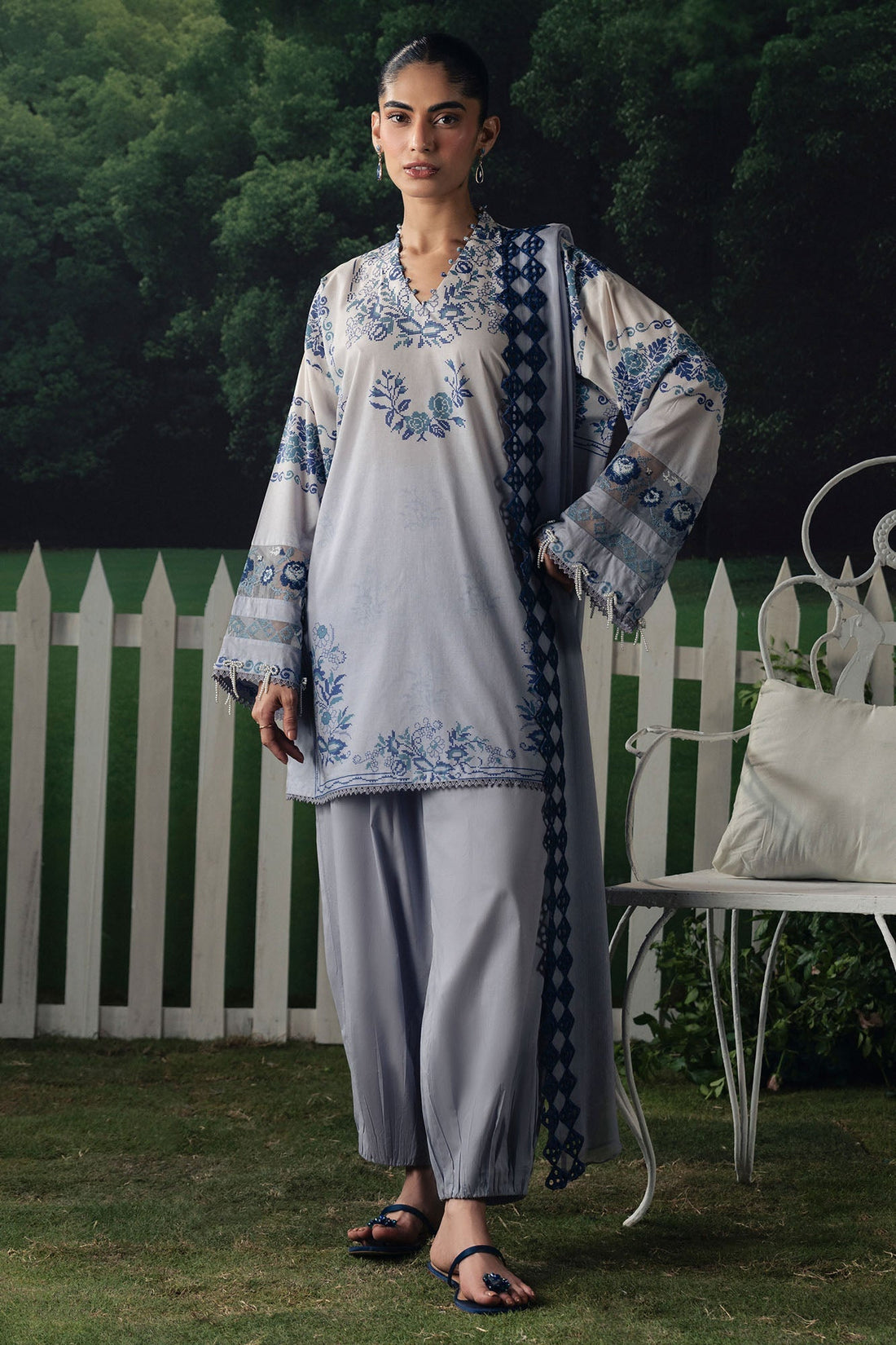 Cross Stitch | The Moonsoon Edit 26 | AZURE BLOOM-3PC PRINTED SUIT - by Libasekhas UK - Registered Vendor of : Cross Stitch - 100% Original Designer Dress