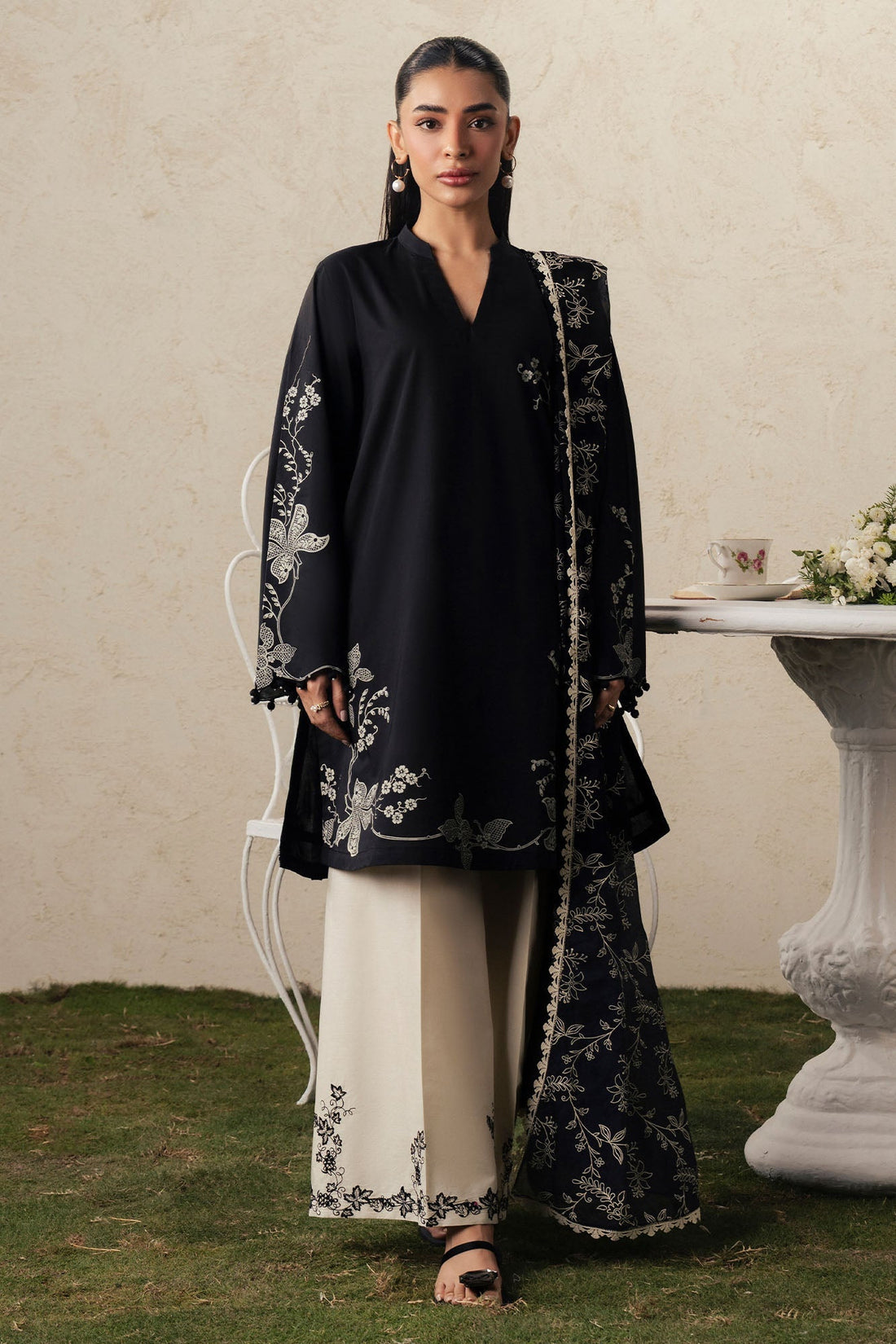 Cross Stitch | The Moonsoon Edit 26 | EBONY LACE-3PC PRINTED SUIT - by Libasekhas UK - Registered Vendor of : Cross Stitch - 100% Original Designer Dress