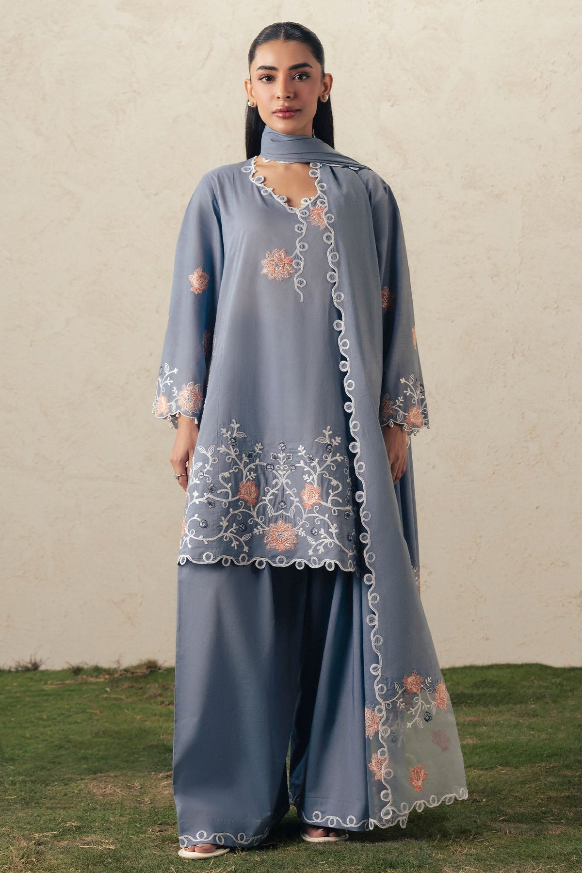 Cross Stitch | The Moonsoon Edit 26 | SAFRON SKY-3PC EMBROIDERED SUIT - by Libasekhas UK - Registered Vendor of : Cross Stitch - 100% Original Designer Dress