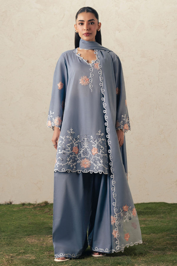 Cross Stitch | The Moonsoon Edit 26 | SAFRON SKY-3PC EMBROIDERED SUIT - by Libasekhas UK - Registered Vendor of : Cross Stitch - 100% Original Designer Dress