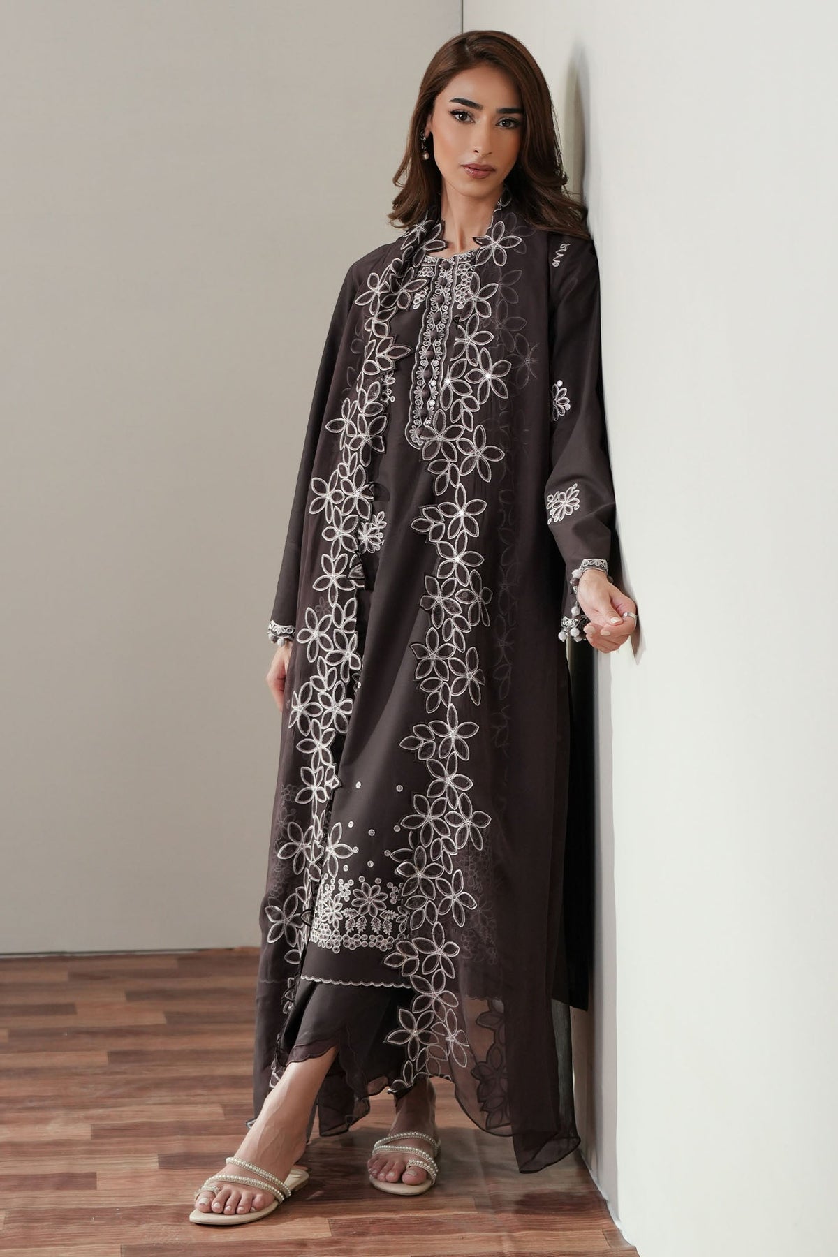 Cross Stitch | Mahiri Embroidered Collection 26 | SEAL BROWN - by Libasekhas UK - Registered Vendor of : Cross Stitch - 100% Original Designer Dress