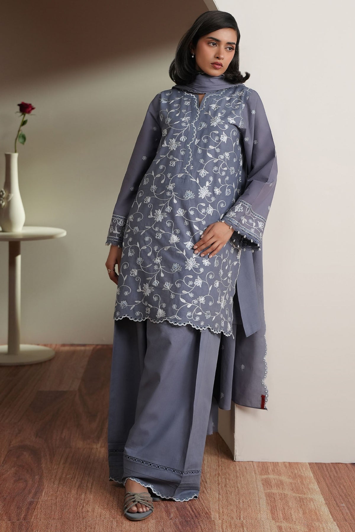 Cross Stitch | Mahiri Embroidered Collection 26 | SLATE PETALS - by Libasekhas UK - Registered Vendor of : Cross Stitch - 100% Original Designer Dress