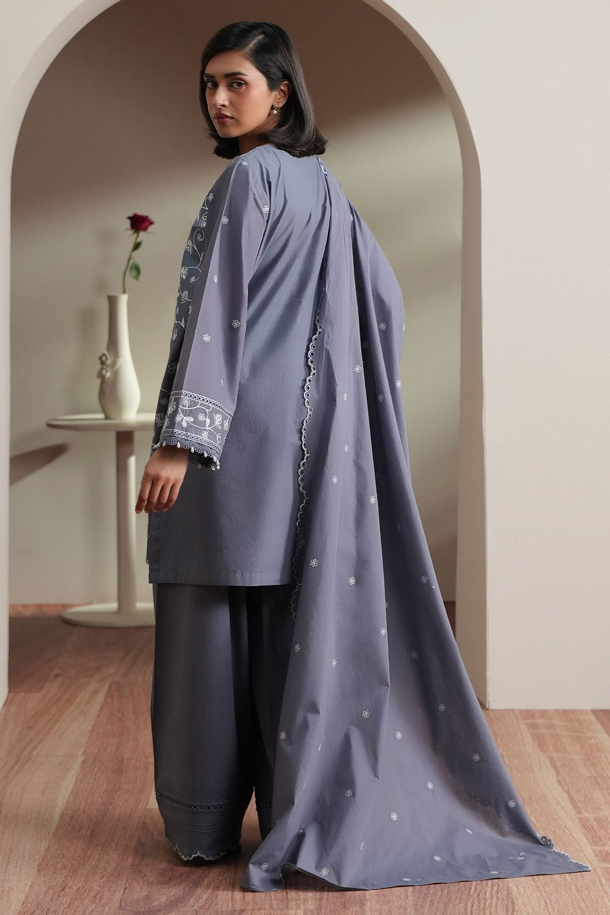 Cross Stitch | Mahiri Embroidered Collection 26 | SLATE PETALS - by Libasekhas UK - Registered Vendor of : Cross Stitch - 100% Original Designer Dress
