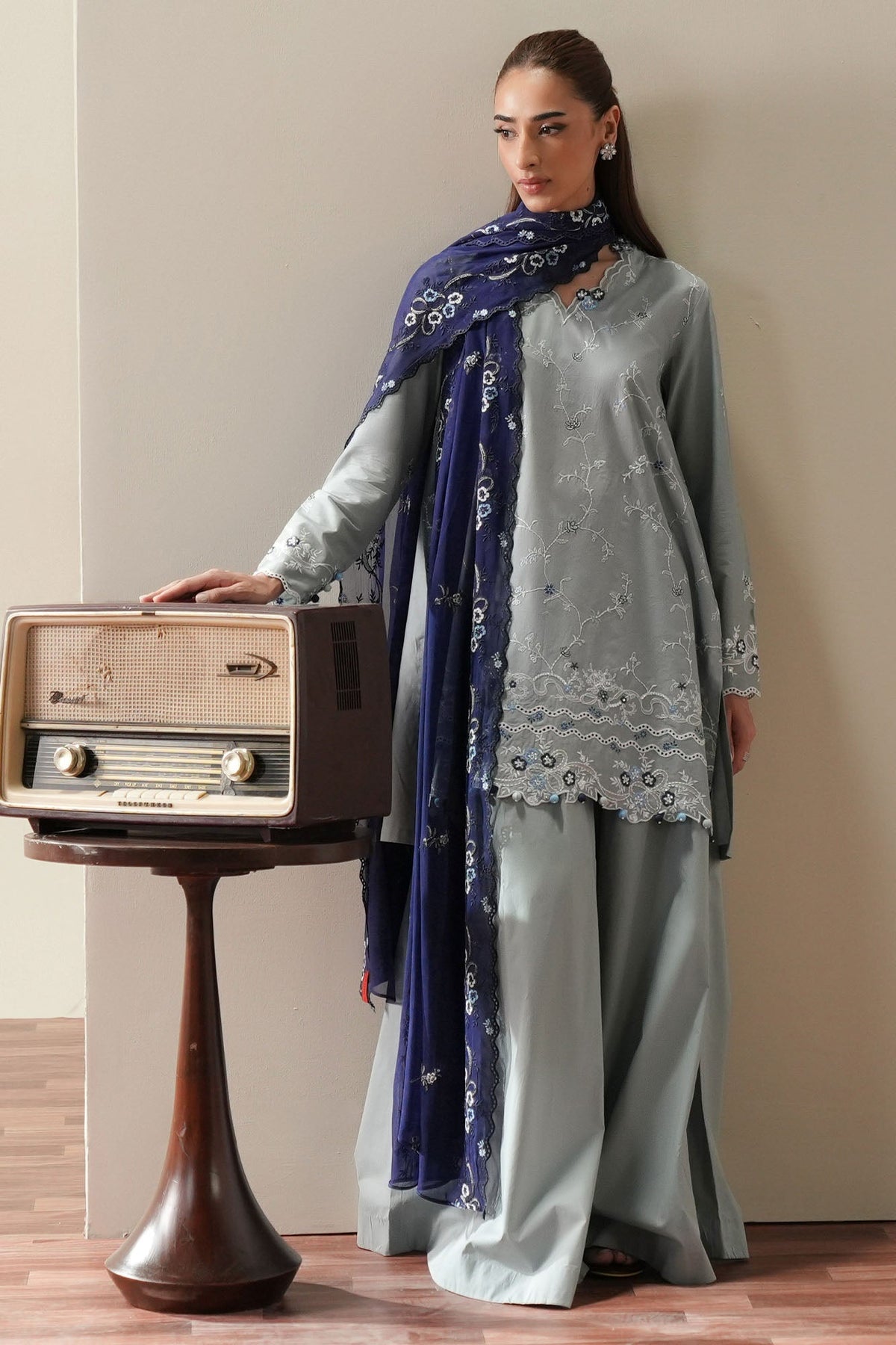 Cross Stitch | Mahiri Embroidered Collection 26 |AQUA SMOKE - by Libasekhas UK - Registered Vendor of : Cross Stitch - 100% Original Designer Dress