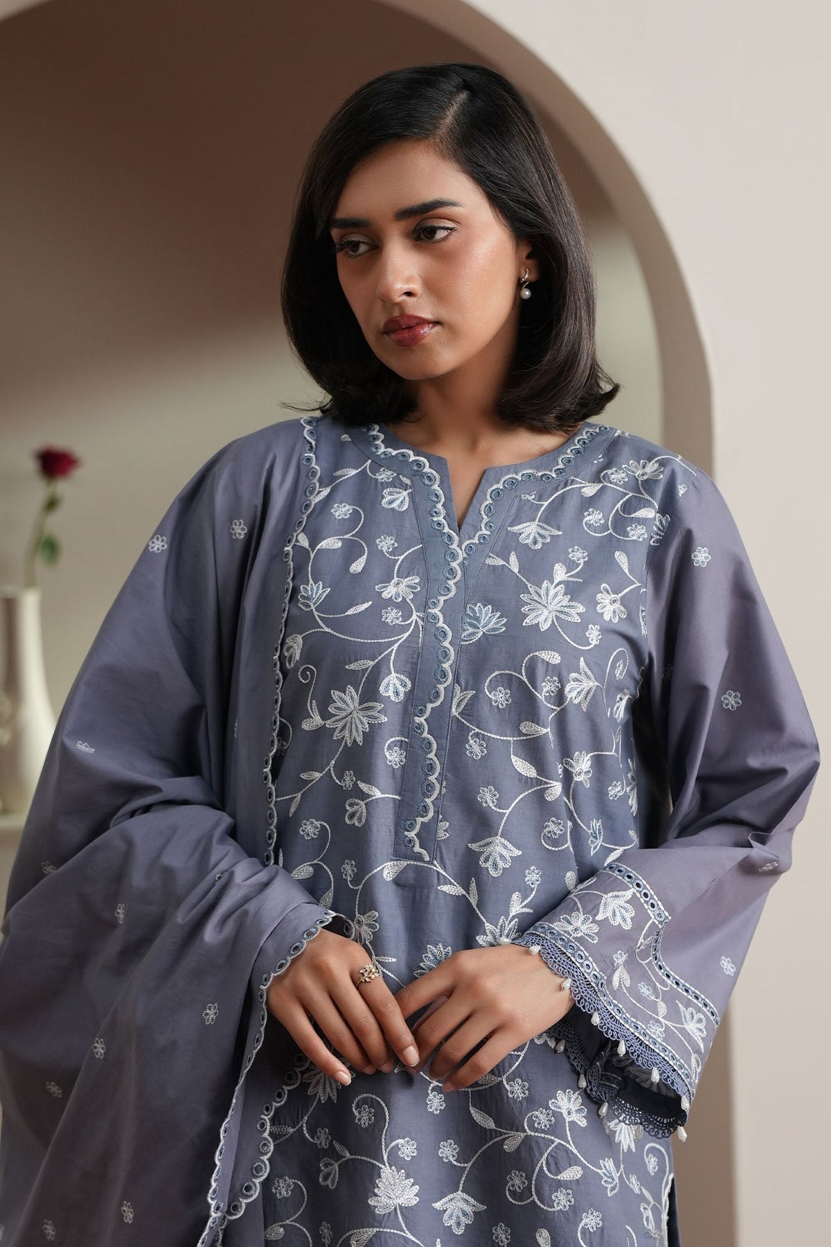 Cross Stitch | Mahiri Embroidered Collection 26 | SLATE PETALS - by Libasekhas UK - Registered Vendor of : Cross Stitch - 100% Original Designer Dress