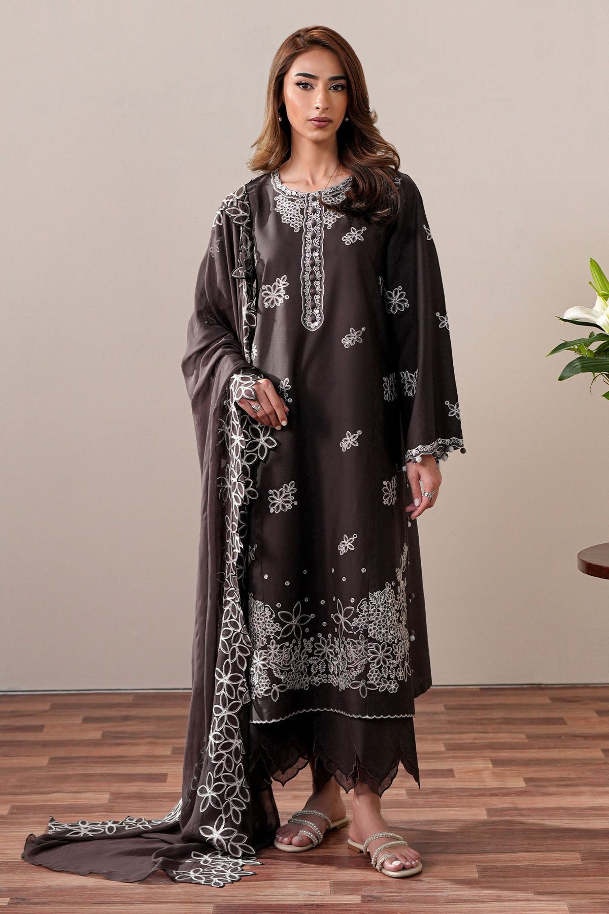 Cross Stitch | Mahiri Embroidered Collection 26 | SEAL BROWN - by Libasekhas UK - Registered Vendor of : Cross Stitch - 100% Original Designer Dress