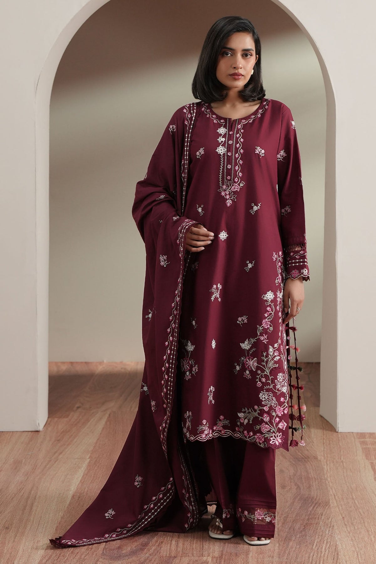 Cross Stitch | Mahiri Embroidered Collection 26 |CRIMSON - by Libasekhas UK - Registered Vendor of : Cross Stitch - 100% Original Designer Dress