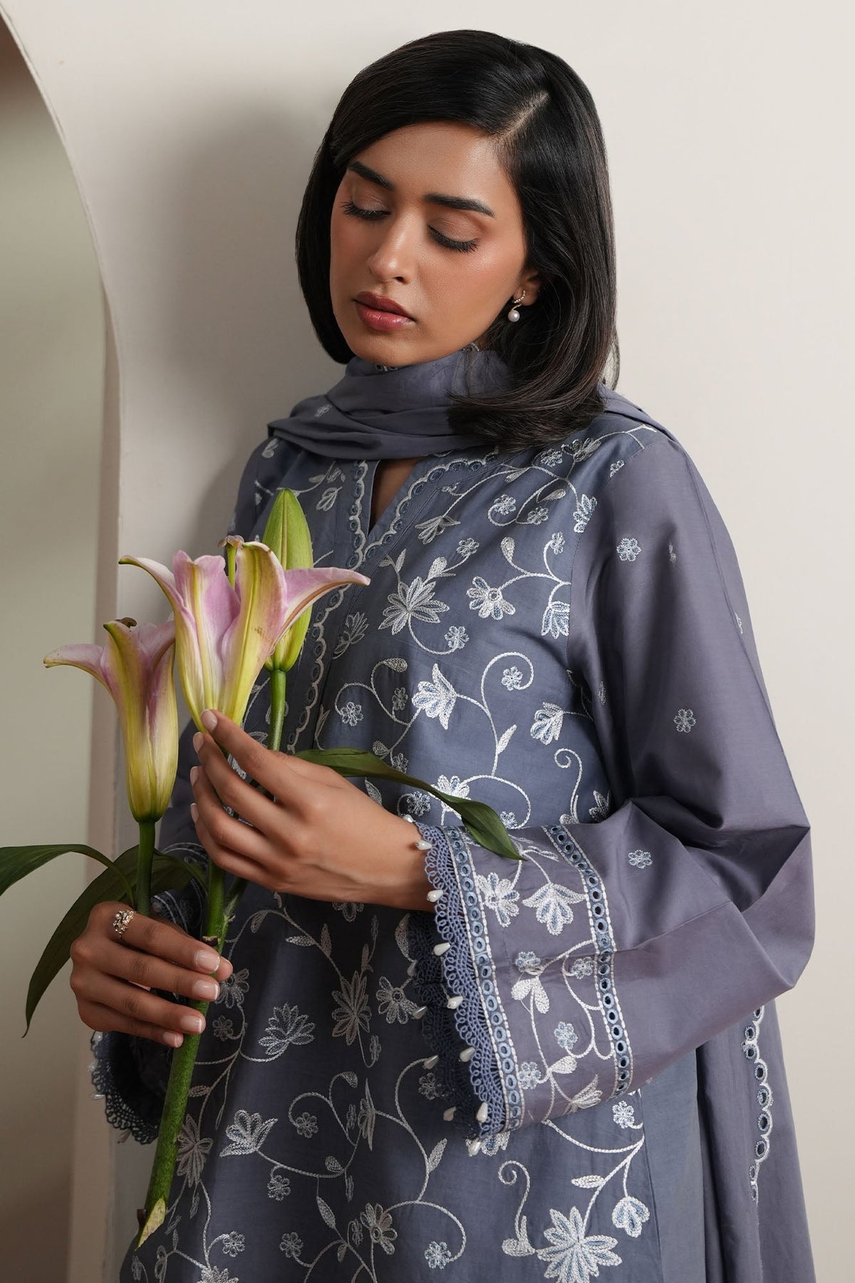 Cross Stitch | Mahiri Embroidered Collection 26 | SLATE PETALS - by Libasekhas UK - Registered Vendor of : Cross Stitch - 100% Original Designer Dress