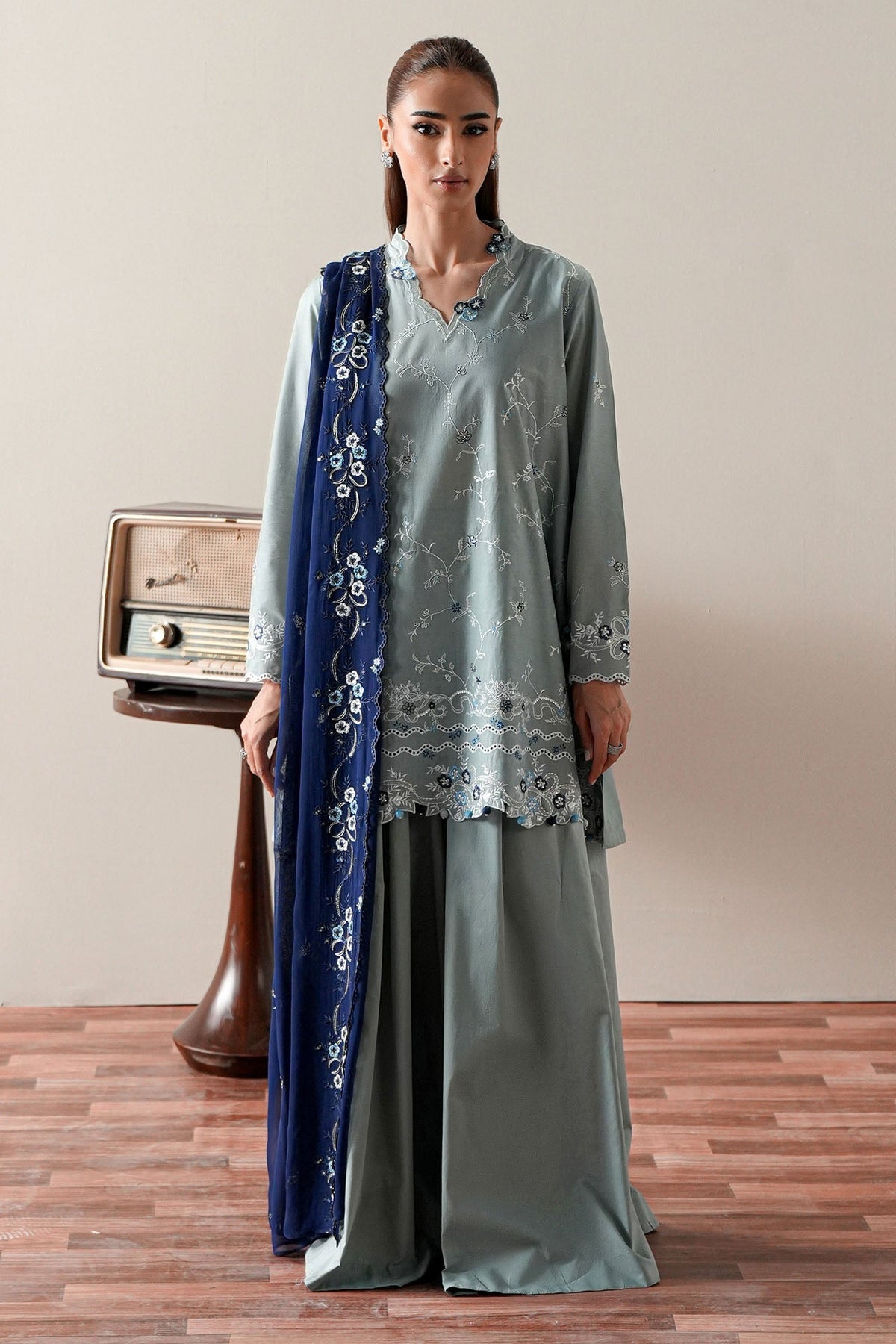 Cross Stitch | Mahiri Embroidered Collection 26 |AQUA SMOKE - by Libasekhas UK - Registered Vendor of : Cross Stitch - 100% Original Designer Dress