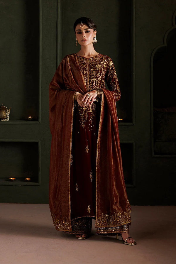 Iznik| Velvet'26 | Rust Long Shirt & Trouser-IV-89 Embroidered Velvet