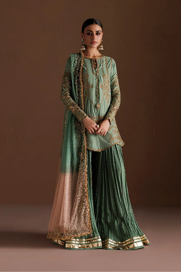Iznik| Velvet'26 | Mint Green Short Shirt & Sharara-IV-87 Embroidered Velvet