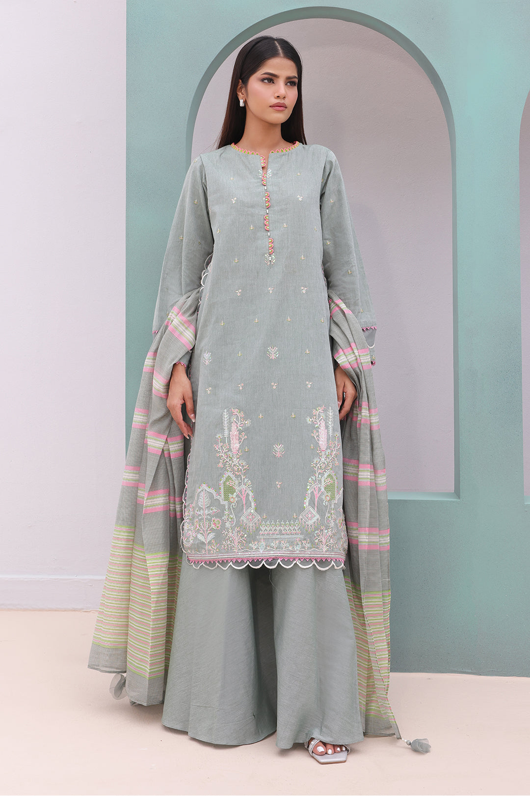 Zellbury | Unstitched 3 Piece Chambray | Embroidered Shirt Shalwar Dupatta - 0075 - by - Libasekhas UK - Registered Vendor of : Zellbury Women - 100% Original Designer Dresss