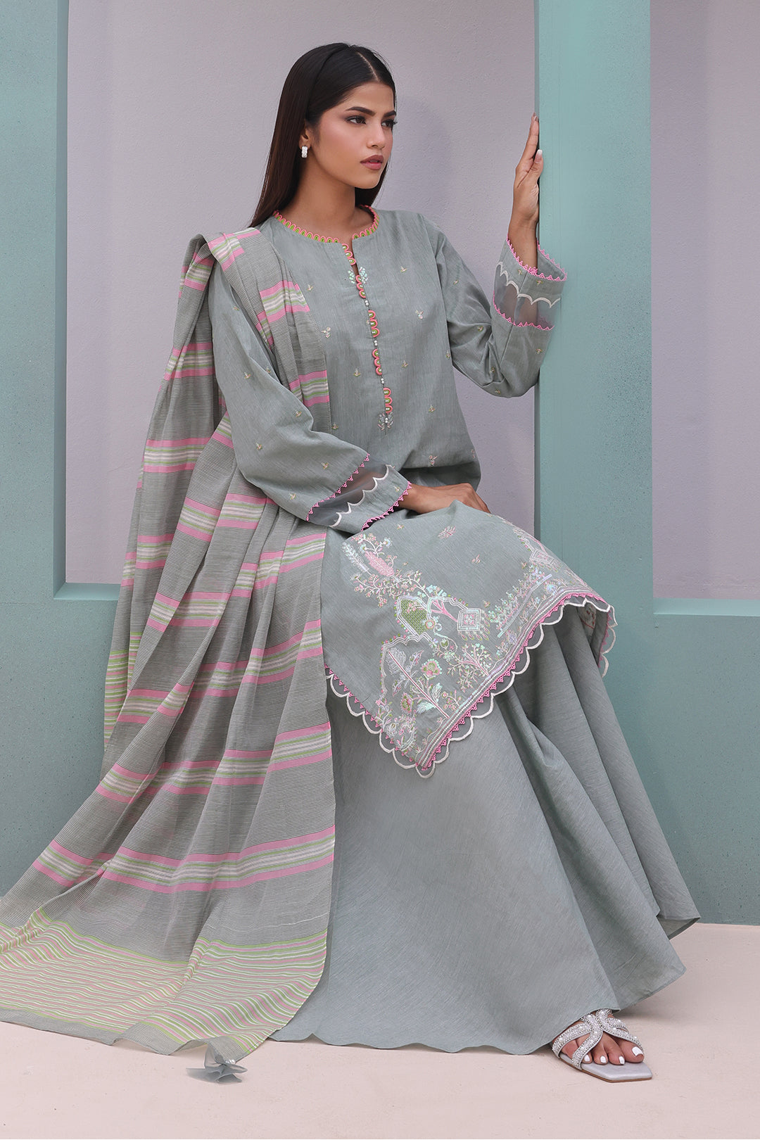 Zellbury | Unstitched 3 Piece Chambray | Embroidered Shirt Shalwar Dupatta - 0075 - by - Libasekhas UK - Registered Vendor of : Zellbury Women - 100% Original Designer Dresss