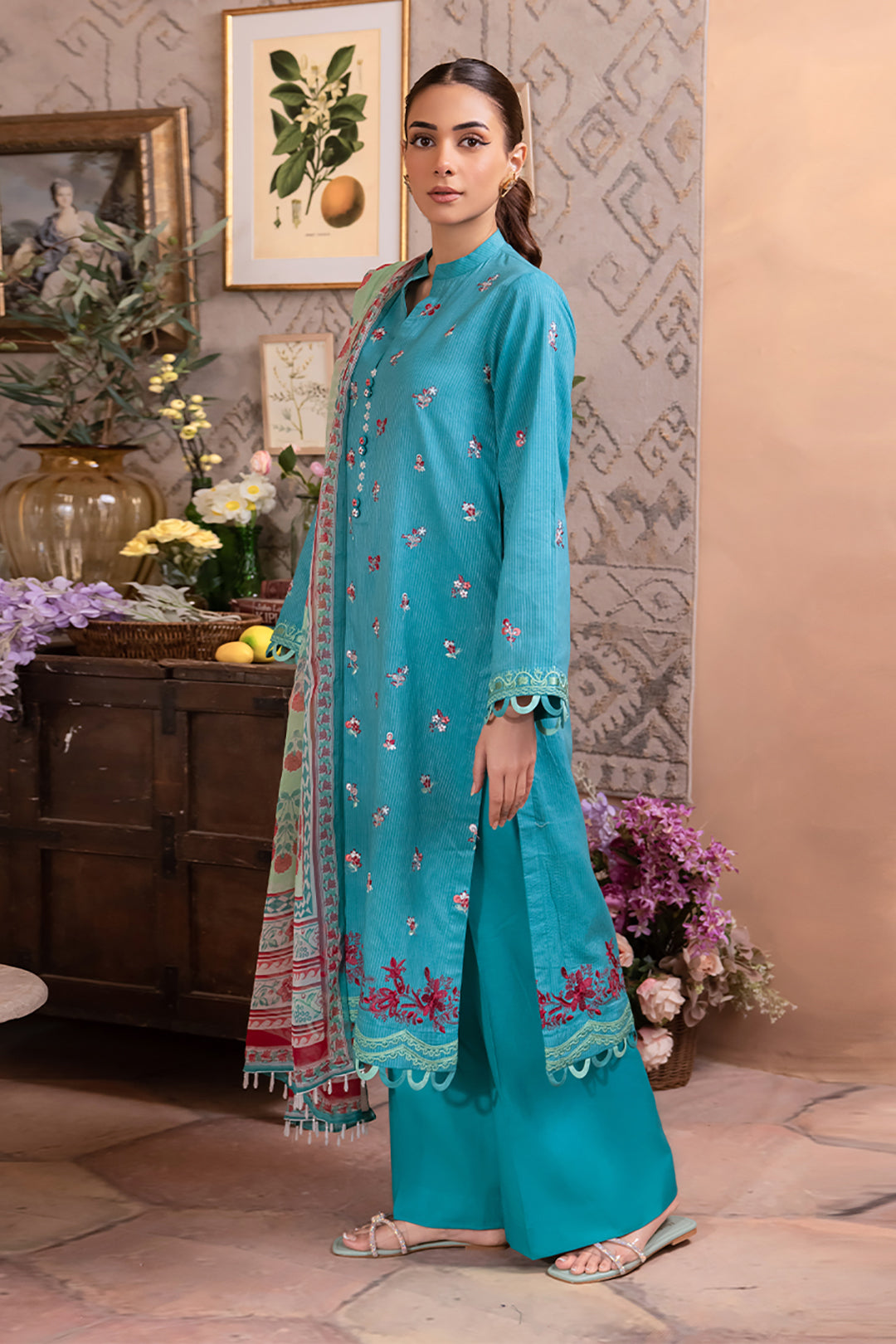 Zellbury | Unstitched 3 Piece Blue | Embroidered Shirt Shalwar Dupatta - 1115 - by - Libasekhas UK - Registered Vendor of : Zellbury Women - 100% Original Designer Dresss