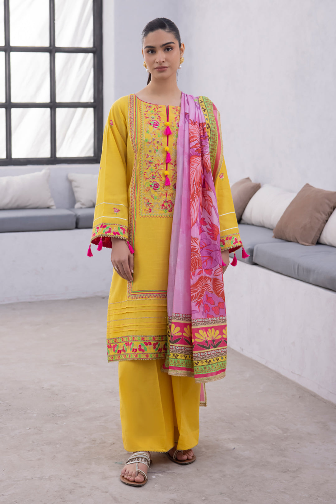 Zellbury | Unstitched 3 Piece Yellow | Embroidered Shirt Shalwar Dupatta - 1126 - by - Libasekhas UK - Registered Vendor of : Zellbury Women - 100% Original Designer Dresss