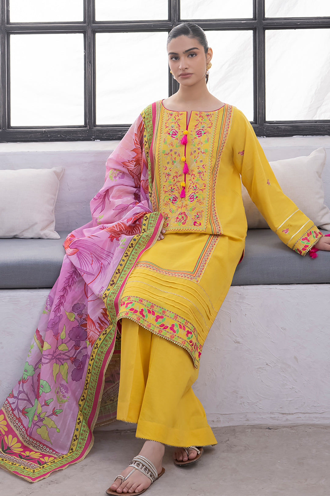 Zellbury | Unstitched 3 Piece Yellow | Embroidered Shirt Shalwar Dupatta - 1126 - by - Libasekhas UK - Registered Vendor of : Zellbury Women - 100% Original Designer Dresss