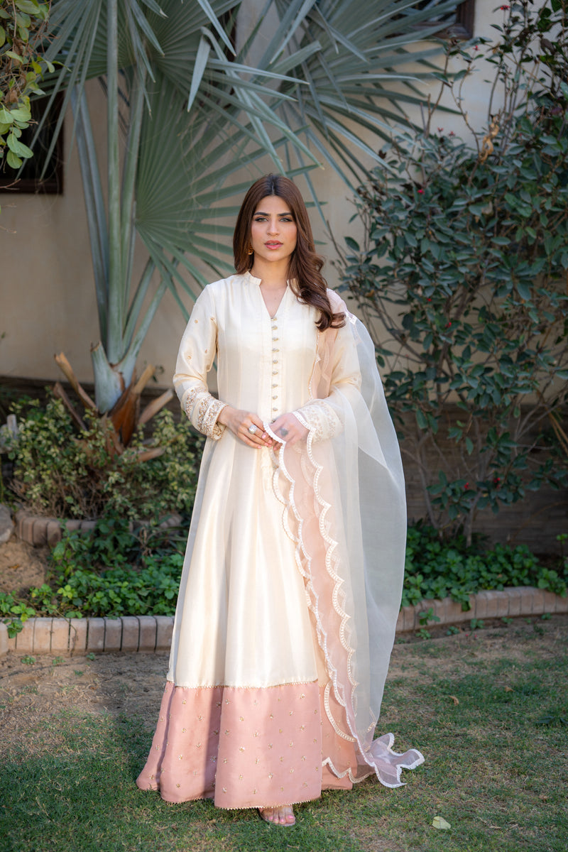 Wahaj M Khan | Pari Collection | Ivory Rawsilk Anarkali - by Libasekhas UK - Registered Vendor of : Wahaj M Khan - 100% Original Designer Dress