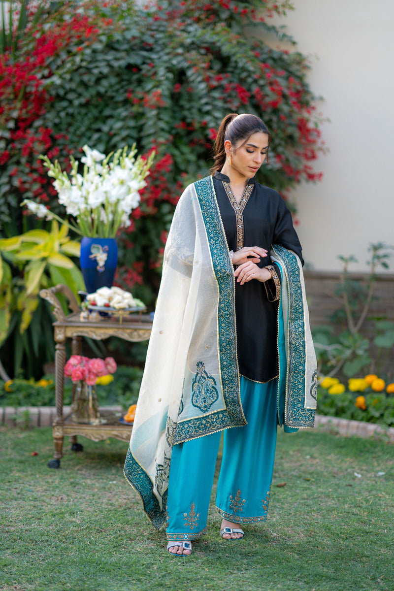 Wahaj M Khan | Pari Collection | Black Turquoise Pari Outfit - by Libasekhas UK - Registered Vendor of : Wahaj M Khan - 100% Original Designer Dress