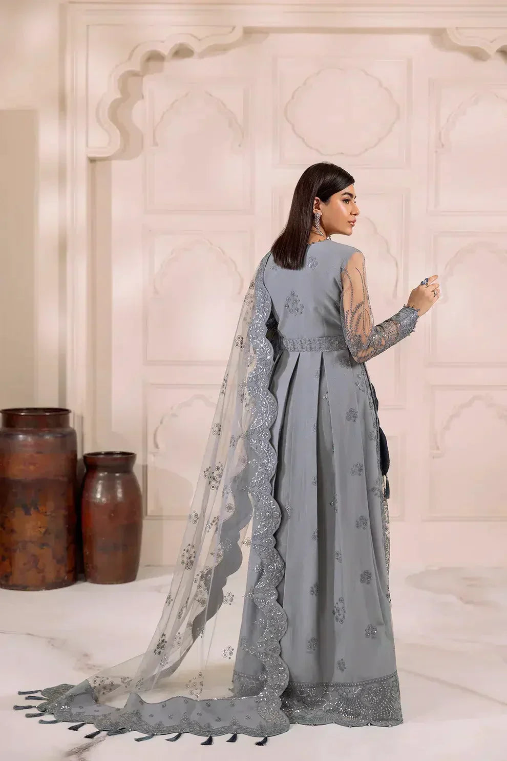 Alizeh | Dua Formals 23 | DUA-V01D01B- KHIRAD ( GREY ) - by - Libasekhas UK - Registered Vendor of : Alizeh - 100% Original Designer Dresss