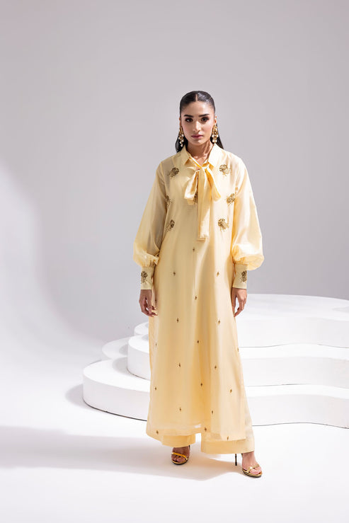 Amani | Aira Festive Wear | ALARA- Hand Embellished Butter Silk Shirt with Wide-Leg Trousers - by Libasekhas UK - Registered Vendor of : Amani - 100% Original Designer Dress
