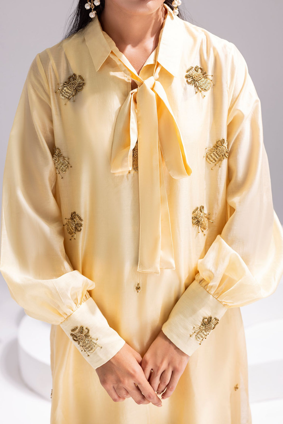 Amani | Aira Festive Wear | ALARA- Hand Embellished Butter Silk Shirt with Wide-Leg Trousers - by Libasekhas UK - Registered Vendor of : Amani - 100% Original Designer Dress