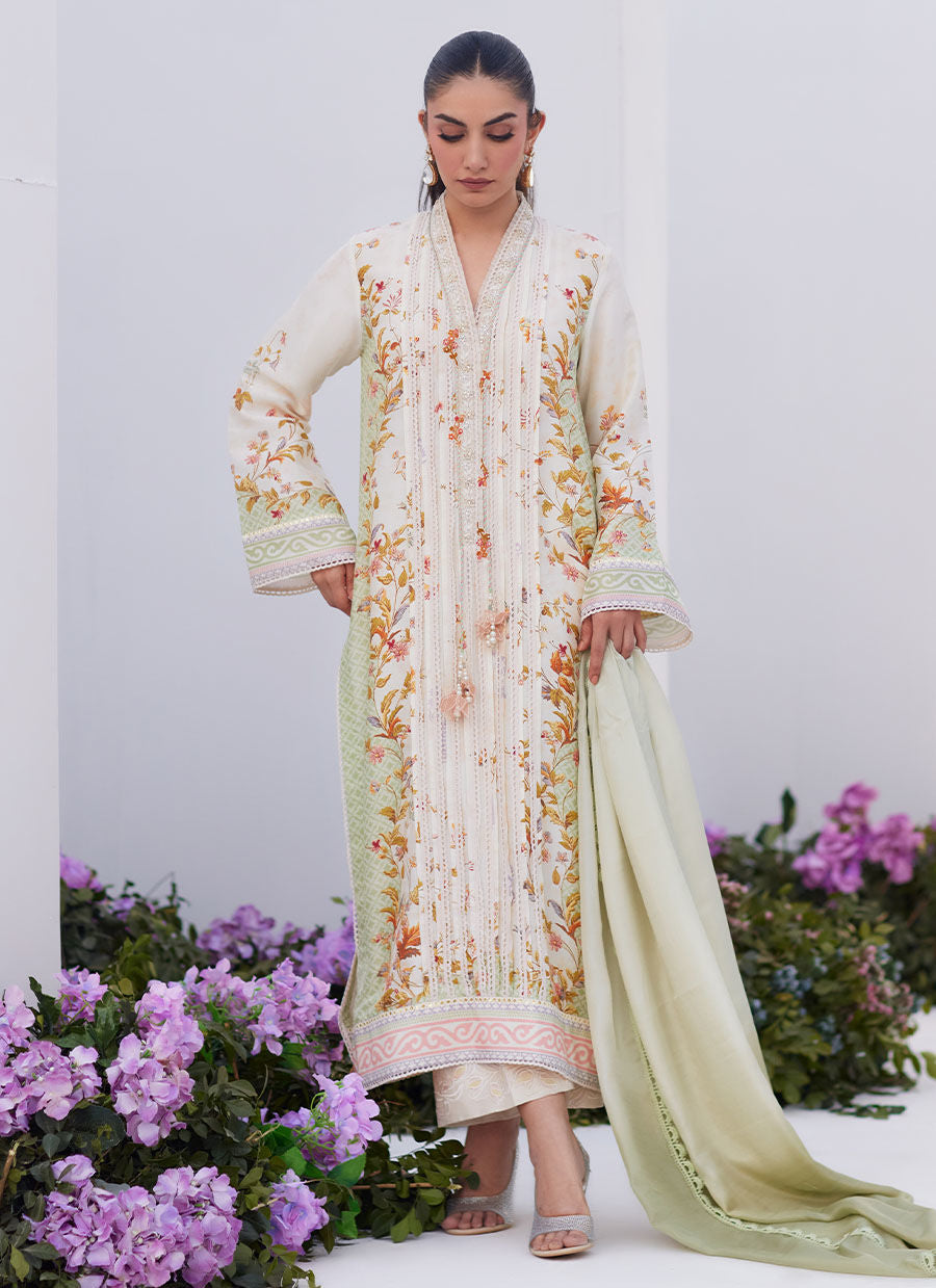 Farah Talib Aziz | Zaza Prints 24 | SAGE TRELLIS SHIRT AND DUPATTA - Libasekhas