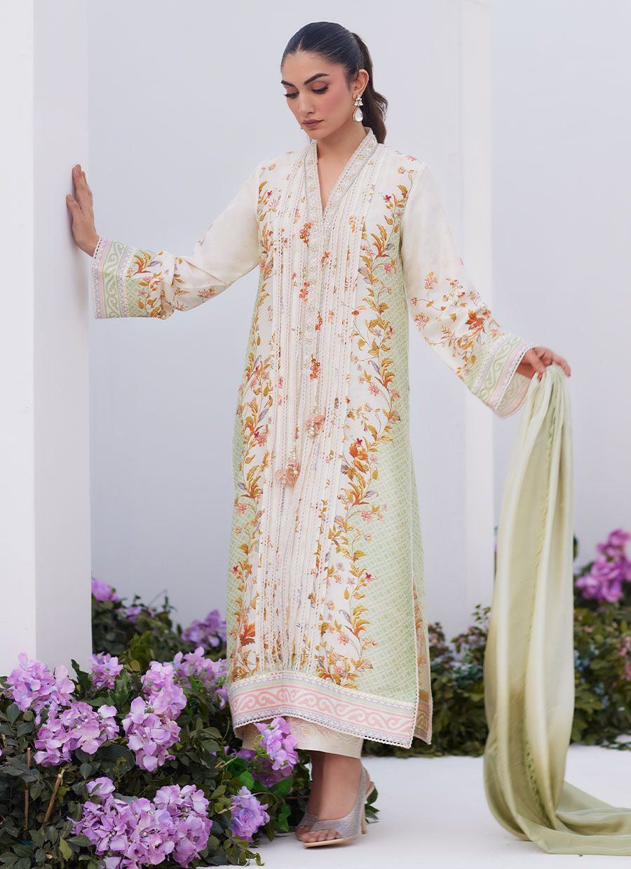 Farah Talib Aziz | Zaza Prints 24 | SAGE TRELLIS SHIRT AND DUPATTA - by - Libasekhas UK - Registered Vendor of : Farah Talib Aziz - 100% Original Designer Dresss