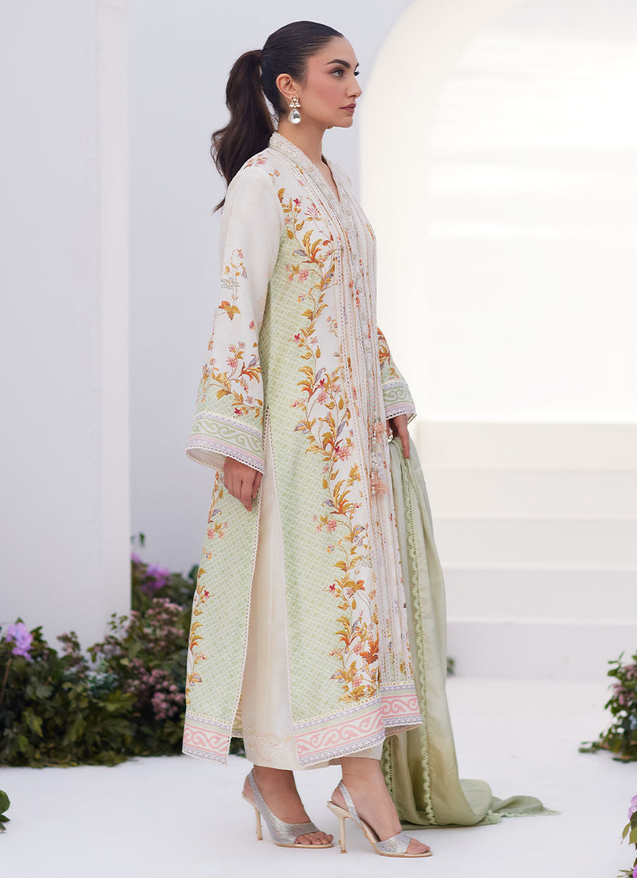 Farah Talib Aziz | Zaza Prints 24 | SAGE TRELLIS SHIRT AND DUPATTA - by - Libasekhas UK - Registered Vendor of : Farah Talib Aziz - 100% Original Designer Dresss