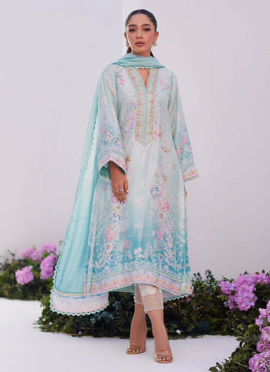 Farah Talib Aziz | Zaza Prints 24 | CYAN OMBRE SHIRT AND DUPATTA - Libasekhas